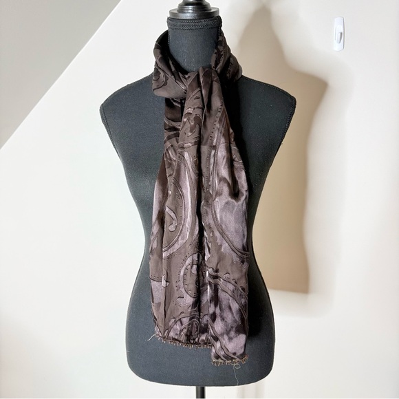 DANIER Chocolate Brown Silk Blend Lightweight Scarf Swirls Whimsical - Picture 2 of 12